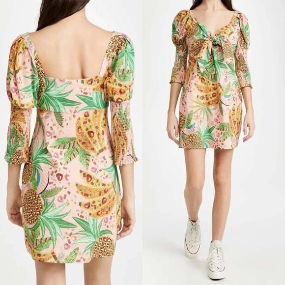 Farm Rio Pink Tropical Fruits Puff Sleeve Sweetheart Mini Dress XS - Picture 2 of 16